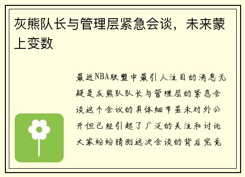 灰熊队长与管理层紧急会谈，未来蒙上变数