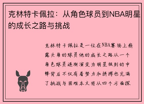 克林特卡佩拉：从角色球员到NBA明星的成长之路与挑战