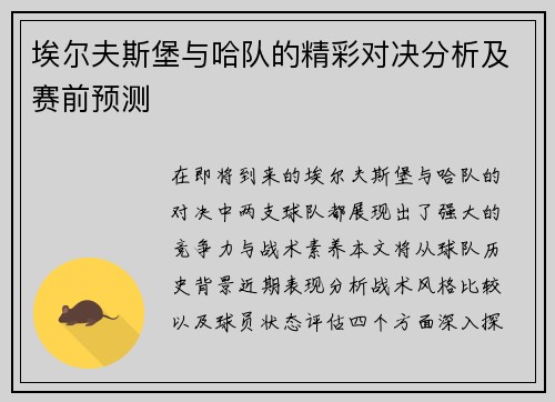 埃尔夫斯堡与哈队的精彩对决分析及赛前预测